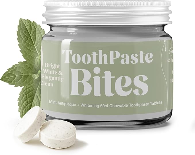 Whitening Toothpaste Tablets with Nano Hydroxyapatite, Fluoride Free, Plastic Free, Eco & Best Travel Friendly Chewable Mint Toothpaste Bites | 62 Count