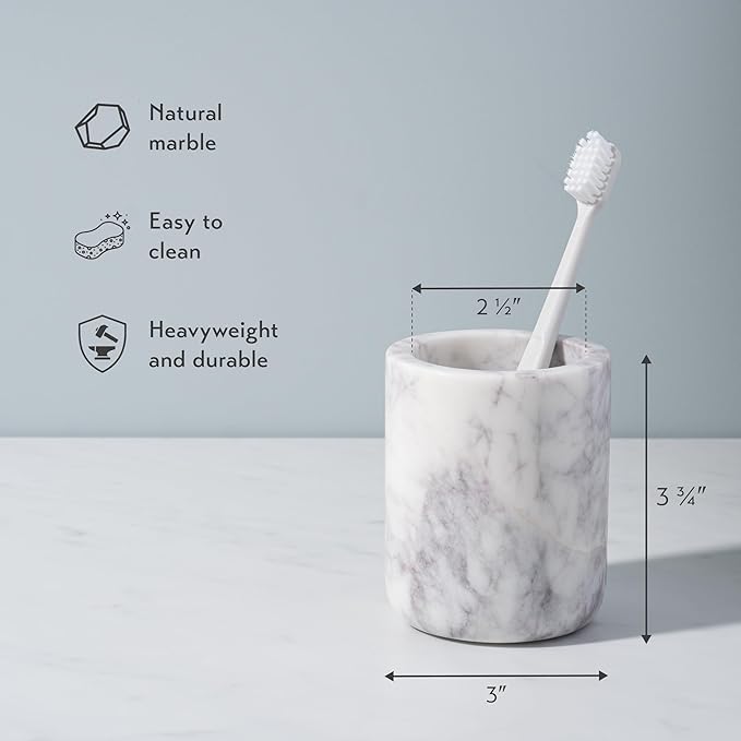 Cork & Mill Marble Toothbrush Holder Cup for Bathroom, Real White Marble Stone Bathroom Accessory, Aesthetic Decorative Countertop Organizer for Tooth Brush & Toothpaste