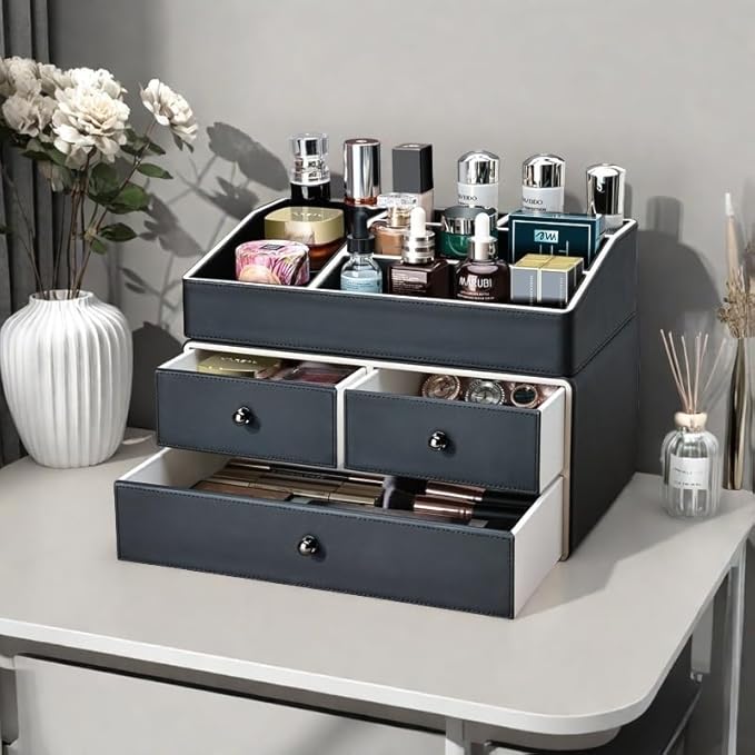 KINGFOM 2 Tier PU Leather Makeup Organizer with 3 Drawers, Cosmetic Storage Organizers for vanity Dresser Countertop and Bathroom Vanity, Beauty Holder for Lipstick Brush Skincare (Black)