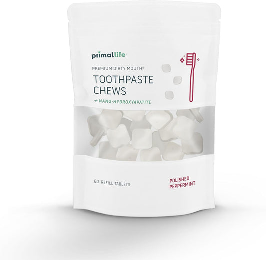 Primal Life Organics Premium Dirty Mouth Toothpaste Chews – Nano-Hydroxyapatite Whitening Toothpaste Tablets for Adults - Gluten Free, Vegan, Paleo - 60 Tablets in Bag - Polished Peppermint