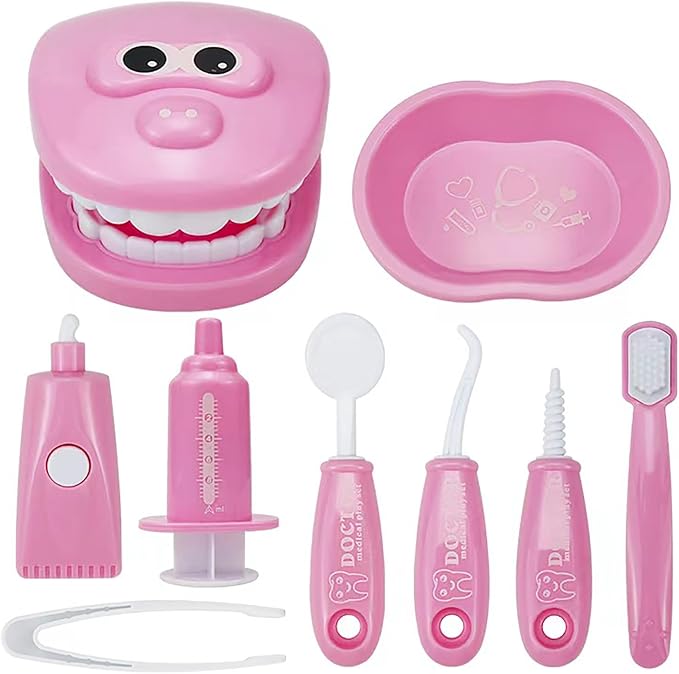 Dental Early Education Brushing Toys, 9Pcs/Set Children Role Play Toys Crocodile Early Education Cartoon Tooth Brushing Model Preschool Education Toy Dentist Game for Kids Classroom Pink