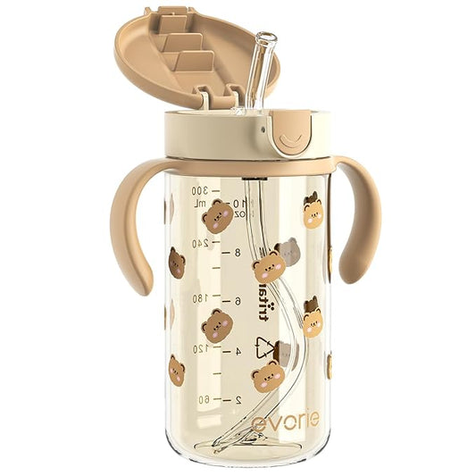 Evorie Tritan Spill Proof Toddler Straw Sippy Cup, 10 oz for Baby and Toddlers 1-3 Years Old, No Spill Straw Water Bottle with Removable Handles, Ideal for School, BPA-Free, Honey Bear