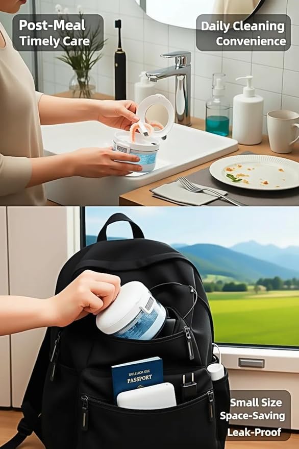 Leak-proof denture cup and travel case with mirror, brush, filter and tools. Multi-purpose denture cleaning kit with filter for denturesretainers and aligners