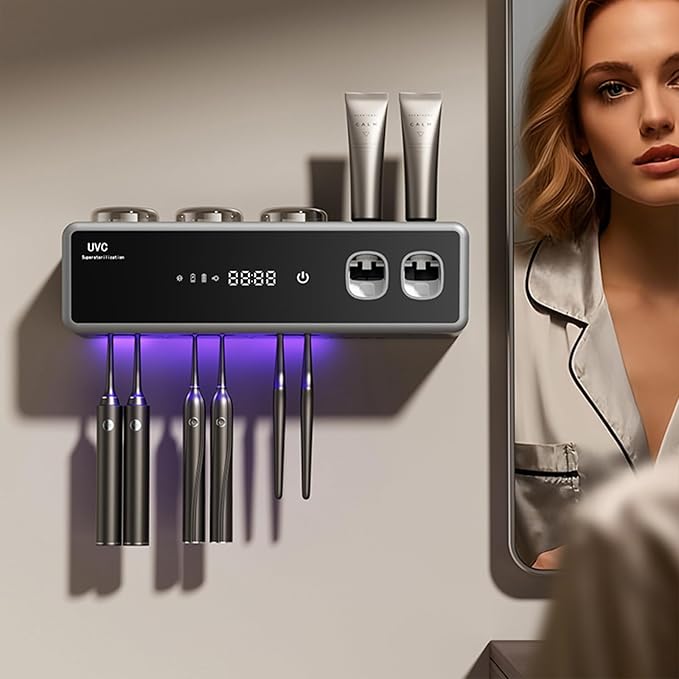 Wall Mounted Toothbrush Holders, Automatic Toothpaste Dispenser, 3 Cup Rechargeable Electric Toothbrush Holder with Smart Cleaning and Hot Air Drying,Bathroom Decor and Accessories (White)