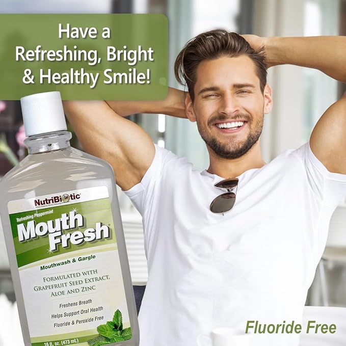 NutriBiotic MouthFresh, Refreshing Peppermint 16 Oz. Twin Pack | Natural Mouthwash & Gargle with Grapefruit Seed Extract, Aloe, Zinc & Witch Hazel | Fluoride-Free & Made Without GMOs & Gluten