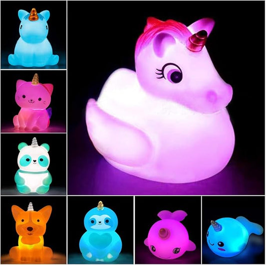 Unicorn Bath Toys Light Up Floating Rubber Toys(8 Packs),Flashing Color Changing Light in Water,Baby Infants Kids Toddler Child Preschool Bathtub Unicorn Bathroom Toy