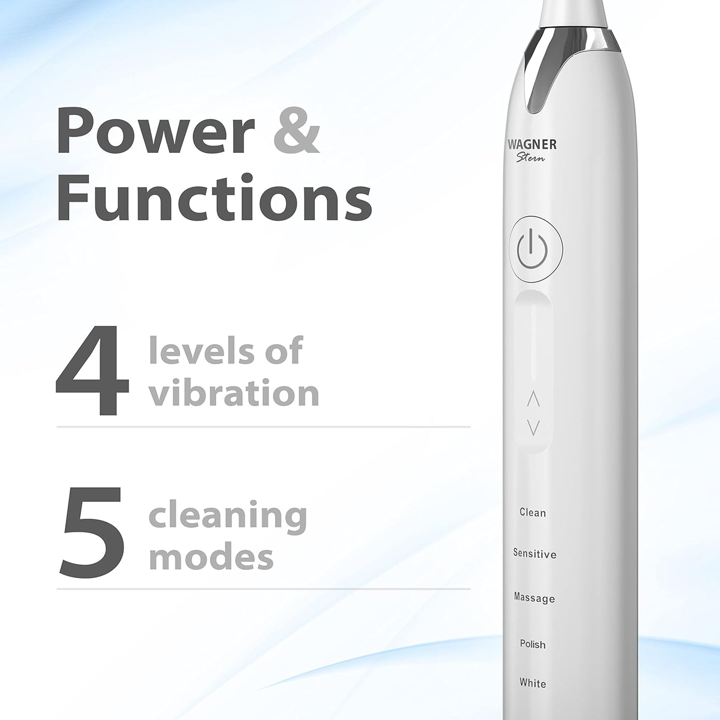 Wagner Stern Ultrasonic whitening Toothbrush with Pressure Sensor. 5 Brushing Modes and 4 Levels of Intensity, 8 Soft bristles, Travel case.