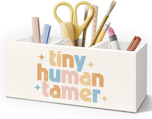 Tiny Human Tamer Gifts Wooden Pen Pencil Holder for Desk Accessories, Funny Preschool Teacher Gifts, Teacher Wood Makeup Brush Toothbrush Holder Organizer for Vanity Bathroom