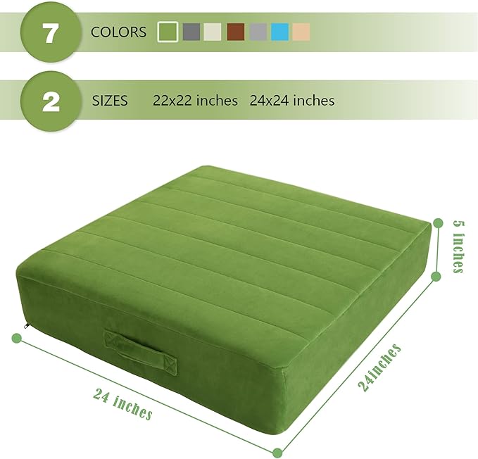 MeMoreCool Square Floor Pillow Seating for Adults Kids, Large Meditation Cushion Floor Pillow with Thick Foam & Soft Tufted Cover, Washable Big Pillow Seat Floor Cushion for Sitting Yoga 24" Green