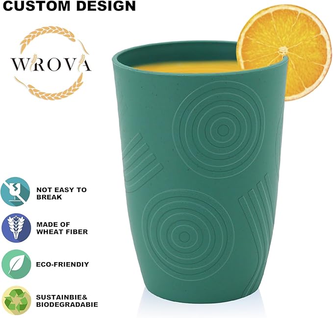 Wrova Wheat Straw Water Cups 16oz with Etched Pattern - Alternative Plastic Drinking Glasses Set of 6 - Reusable Tumbler Cups for Kids - Green