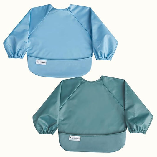 Tiny Twinkle Long Sleeve Bib for Babies & Toddlers – 2 Pack Waterproof Smock Bibs for Eating – Machine Washable & Mess-Proof, Baby Feeding Essential & Shower Must-Have (Slate Olive,2-4Y)
