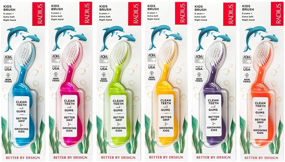 RADIUS Kidz Toothbrush Children's Right Hand BPA Free ADA Accepted Designed to Clean Teeth & Gums for Children 6 Years & Up - Assorted Colors - Pack of 6