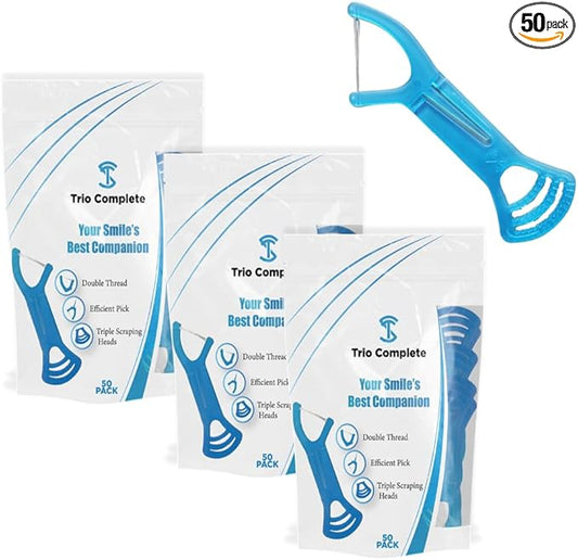 3-in-1 Complete Dental Care Set: Double Thread Floss Picks, Toothpicks, and Tongue Scraper - Your Oral Hygiene Solution with Disposable Floss Sticks for On The Go or Travel (3)