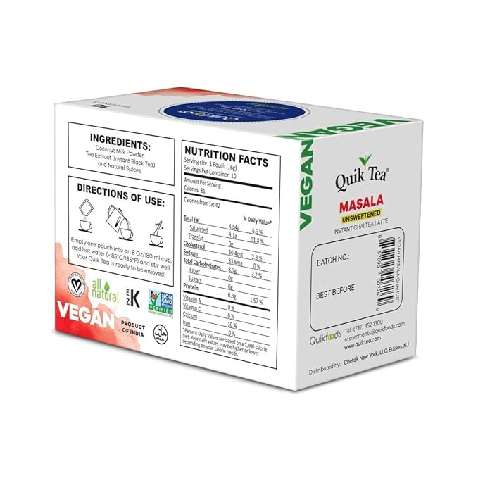 QuikTea Vegan Masala Unsweetened Chai Tea Latte – 10 Count, Bold Masala Flavor, Naturally Caffeine-Light, no preservatives, No Sugar Added – Just Add Hot Water