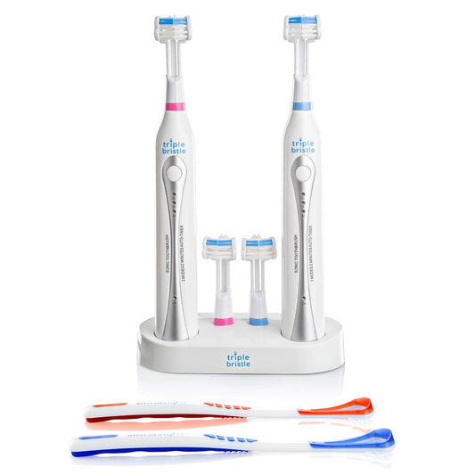Triple Bristle Duo - 2 Electric Toothbrushes with Dual Charging Station, Patented 3 Head Design, 31,000 VPM, Rechargeable Toothbrush Set for Families & Couples, 3-Sided Sonic Brush