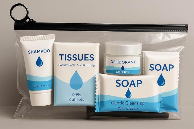 Bulk 50 Deluxe Hygiene Care Packages – 23-Piece Unisex Toiletry Bags with Individually Wrapped Travel-Size Essentials in Waterproof Pouch for Homeless Outreach, Shelters, and Charity Donations
