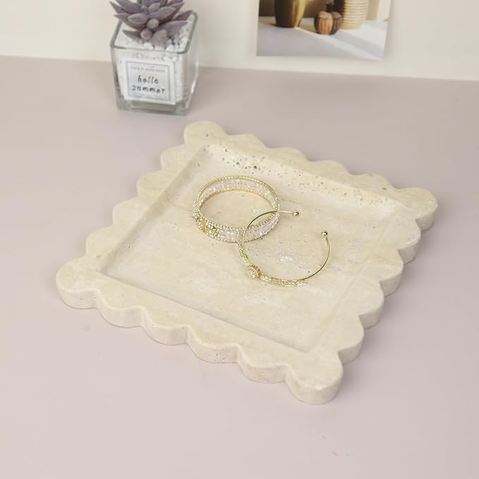 Square Marble Decorative Tray with Scalloped Edge, Luxury Natural Stone Bathroom Vanity Tray, Dresser Top Perfume Coffee Home Kitchen Sink Tray, Key Trinket Ring