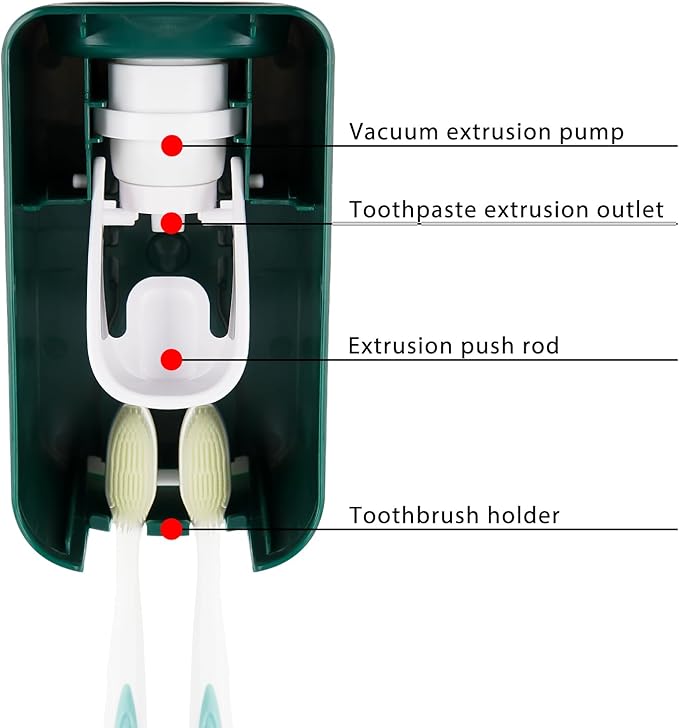 2 Slot Toothbrush Holder and Toothpaste Dispenser Wall Mounted, Automatic Toothpaste Squeezer, 2 in 1 Tooth Brush Toothpaste Organizer for Shower (Green)