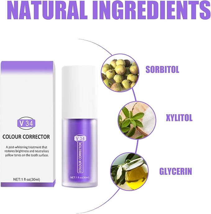 Purple Toothpaste for Teeth Whitening 2pcs Teeth Refresher Purple Color Corrector Booster Toothpaste 3D Teeth Whitening Kit for Tooth Stain Removal Enhances Tooth Brightness