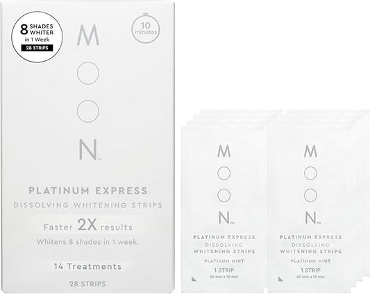 MOON Dissolving Teeth Whitening Strips, 28 Platinum Express No Rinse White Strips, Winter Mint, Hydrogen Peroxide & Essential Oils, Whiten Sensitive Teeth up to 8 Shades in 1 Week, Travel Essentials