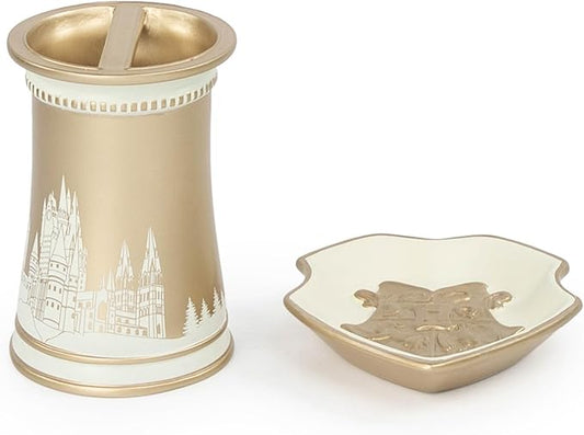 Jay Franco Harry Potter Bathroom Accessories - 2 Piece Gold Hogwarts Crest Resin Bathroom Décor and Storage Set Includes Toothbrush Holder and Soap Dish Set