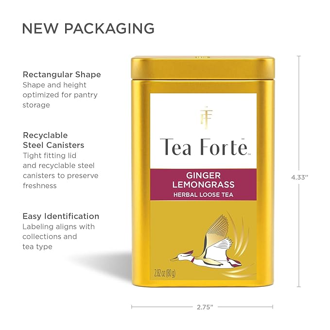 Tea Forte Ginger Lemongrass Premium Loose Leaf Caffeine-Free Herbal Tea Blend Canister, Makes 35-50 Cups