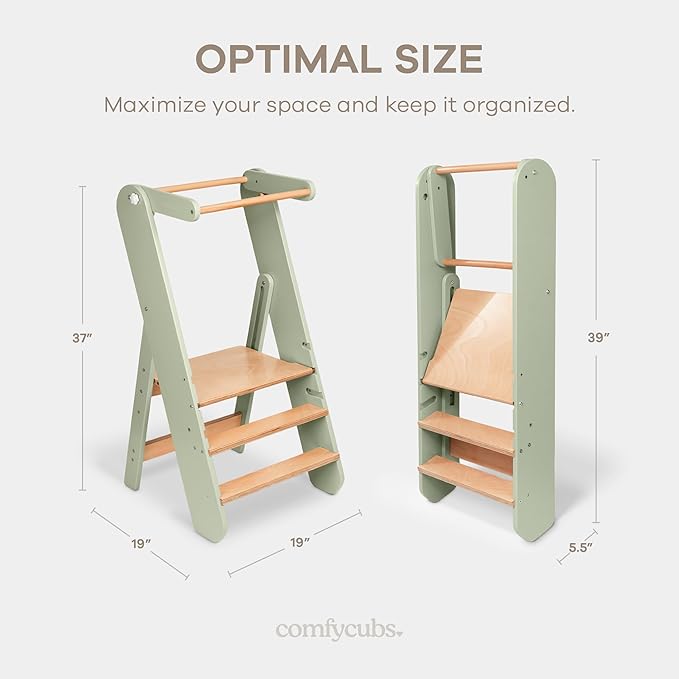 Comfy Cubs Kids Step Stool for Ages 3+, 3 Height Adjustable Toddler Tower, Montessori Furniture Designed in The US - Toddler Standing Tower for Kitchen Sink & Bathroom Access - Sage