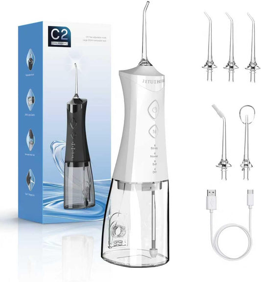 Water Dental Flosser Cordless for Teeth, 350ML Water Dental Flosser Teeth Pick 4 Modes Portable Oral Irrigator with 4 Jet Tips Rechargeable Flossers Oral Irrigator IPX7 Waterproof for Home Travel