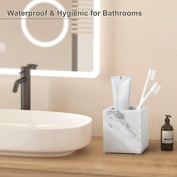 Real Natural Marble Toothbrush Holder & Pen Holder & Makeup Brush Holder, Genuine Stone Rectangular Bathroom Tumbler Cup, Durable Office & Home Countertop Organizer