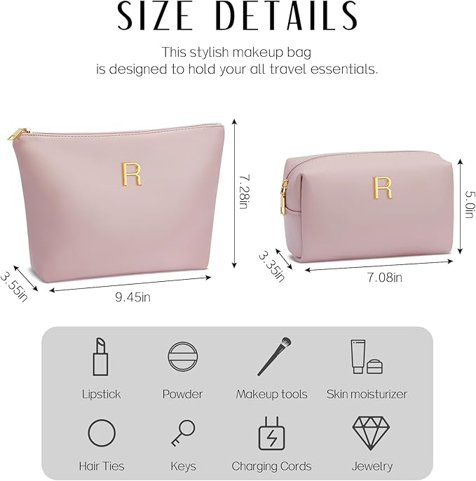 Women Gifts | Initial Makeup Bag Set for Girl Personalized Gifts for Bridesmaid Friend Graduation Teachers PU Leather Cosmetic Travel Toiletry Bag(Pink,R)