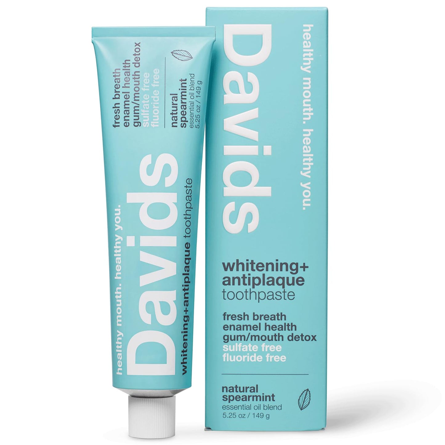 Davids Fluoride Free Toothpaste, Teeth Whitening, Antiplaque, SLS (Sulfate) Free, Promotes Enamel Health, Mouth & Gum Detox, EWG Verified, Natural Spearmint, 5.25oz, Made in USA