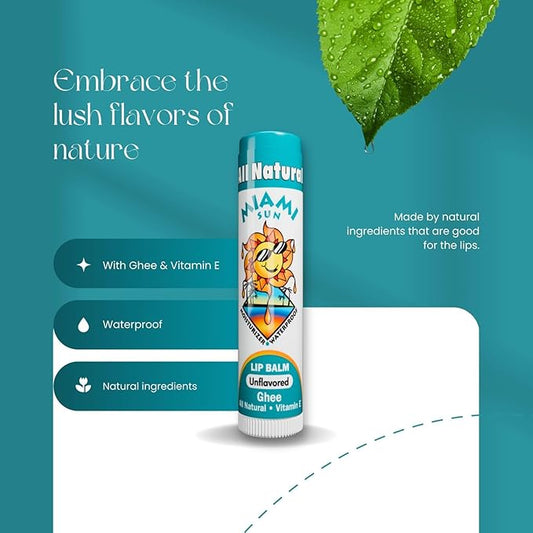 Miami Sun Natural Ghee Lip Balm, Hydrating Lip Treatment with Shea Butter & Beeswax, Organic & Non-Toxic, Best for Dry, Chapped Lips - Moisturizing, Healing, Chemical-Free Lip Care (4 Count, Natural)