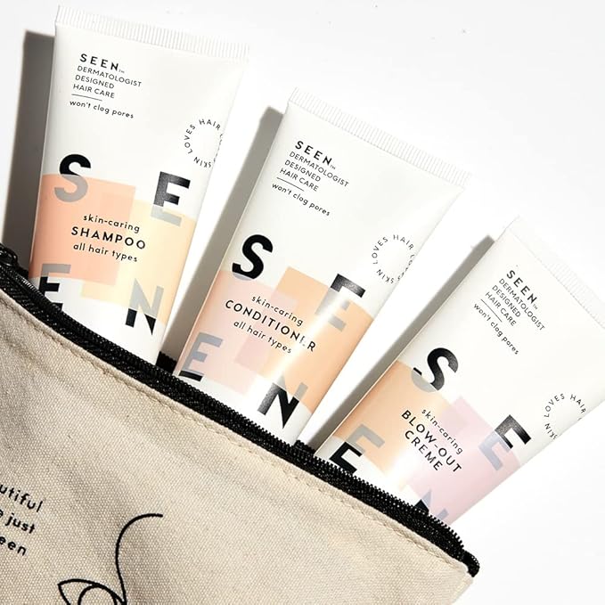 SEEN Travel Trio - Scented - Non-Comedogenic & Blow-Out Hair Cream, Shampoo & Conditioner Set- Reduces Frizz- Heat Protectant- Safe for Sensitive & Acne Prone Skin