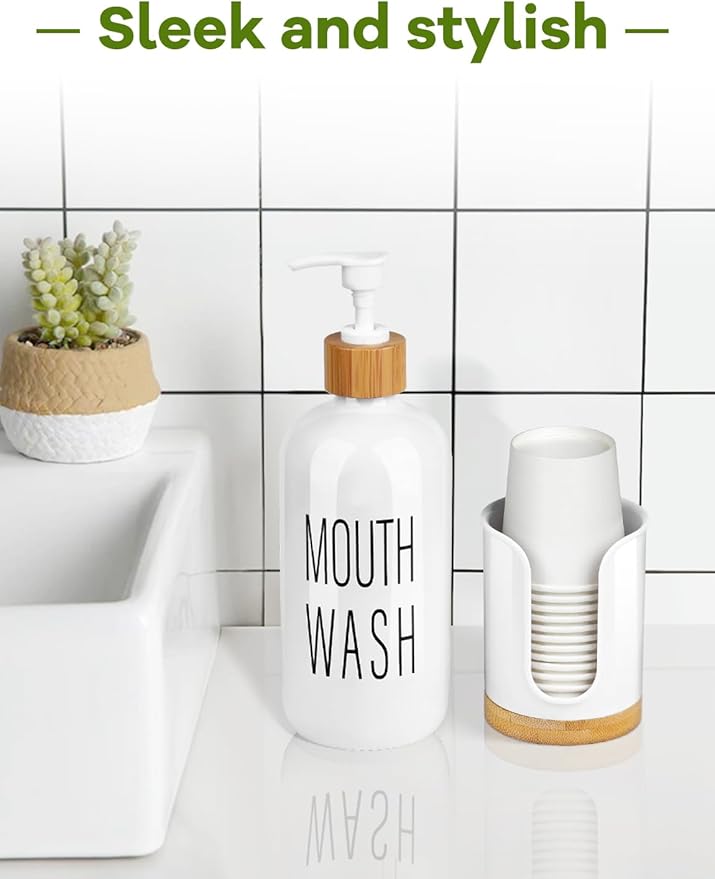 Bathroom Cup Dispenser Countertop - Cup Holder for Dixie 5 6 oz Cups, Guest Bathroom Essentials Vanity Organizer - PC/Bamboo, White, Pack of 1