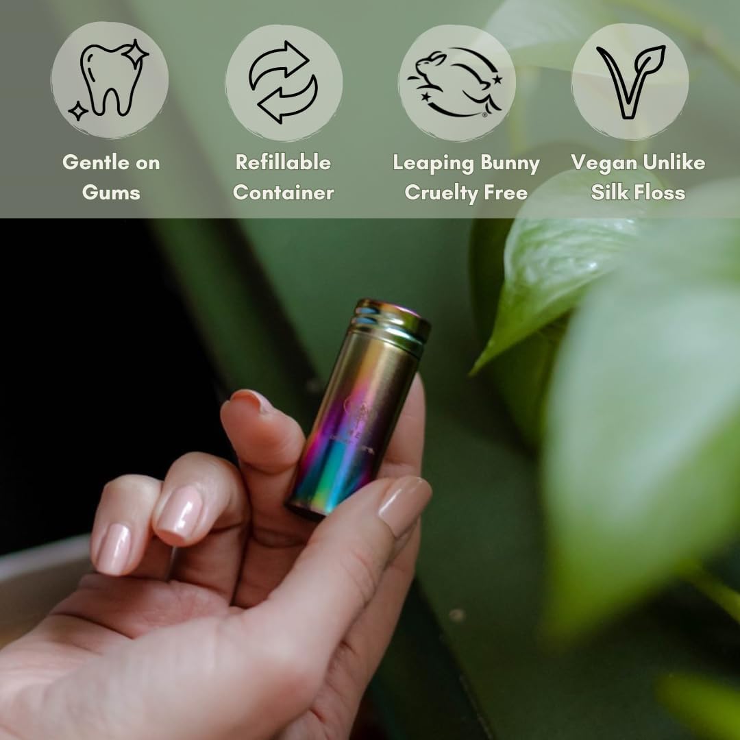 Vegan Biodegradable Bamboo Charcoal Dental Floss with Refillable Stainless Steel Rainbow Container | Extra Floss Refill | Natural Candelilla Wax | 30M x2 | Peppermint | Eco Zero Waste Oral Care