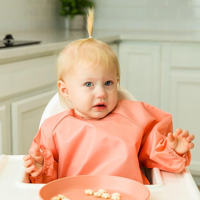 Tiny Twinkle Long Sleeve Bib for Babies & Toddlers – 2 Pack Waterproof Smock Bibs for Eating – Machine Washable & Mess-Proof, Baby Feeding Essential & Shower Must-Have (Peach Terracotta,6–24M)