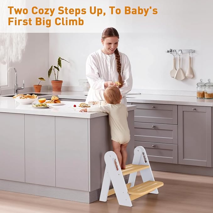 Toddler Step Stool, Wooden Height-Adjustable 2 Step Stool for Kids, 2 in 1 Potty Training Stool with Safety Handles Non-Slip Pads for Bathroom Sink, Kitchen, Bedroom (White, Foldable)