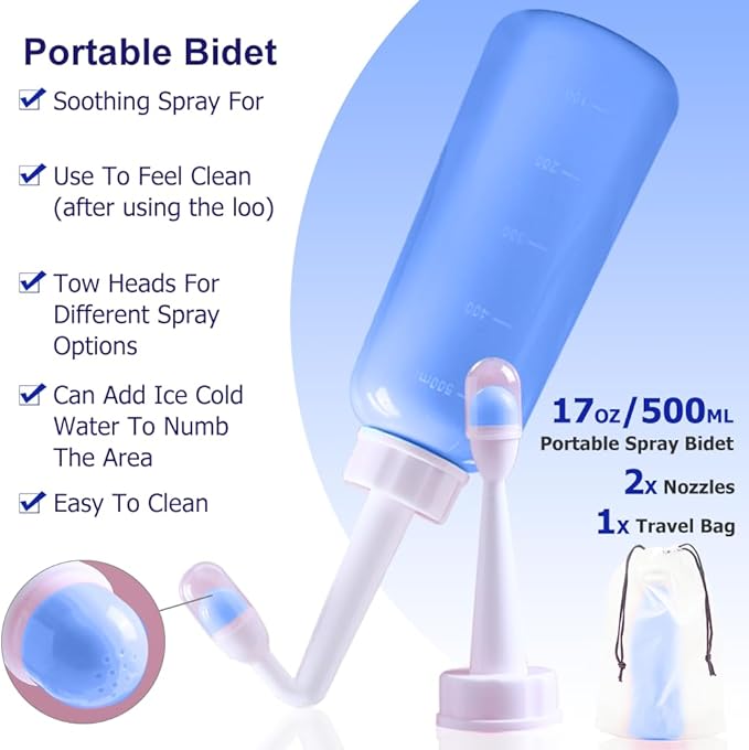 Peri Bottle - Postpartum and Perineal Care - 2 in 1 Portable Bidet - Portable Travel Bidet Sprayer for Women or Men- Handheld Jet Spray Bottle for Toilet (500ML, Blue)