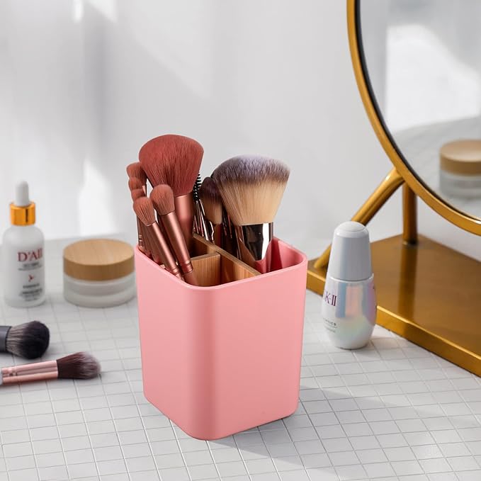 Bamboo Toothbrush Holder for Bathrooms, 3 Slots Toothbrush and Toothpaste Holder Bathroom Counter Organizer for Electric Toothbrushes, Floss, Razors - Pink