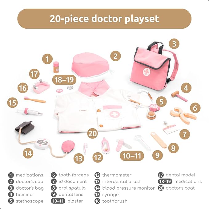 UMU® Wooden Doctor Kit for Kids – Doctor & Dentist Play Set for Toddlers with Dr Coat, Stethoscope, Tooth Model & More – Dress Up & Pretend Play – Medical Toy for Girls Ages 3 4 5 6