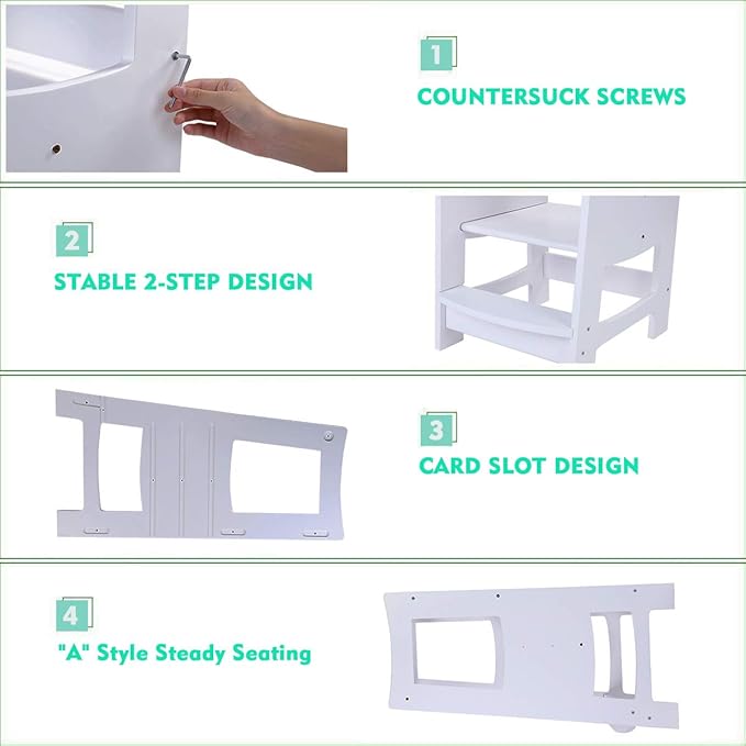 Toddlers Kitchen Step Stool with Safety Rail Kids Wooden Standing Tower for Kitchen Counter and Bathroom Sink, 3 Heights Adjustable Step Up Stool Mothers' Helper, Solid Wood Construction, White