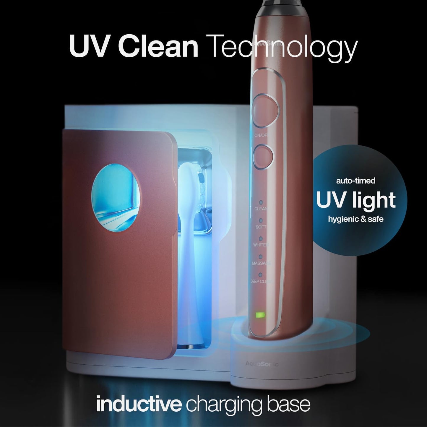Aquasonic Vibe Series PRO – Ultra-Whitening Electric Toothbrush – 5 Modes & Smart Timers – UV Sanitizing Base – ADA Accepted (Satin Rose Gold)