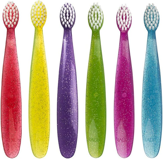 RADIUS Children's Toothbrush, Totz Brush, Extra Soft Bristles, Assorted Colors, BPA Free & ADA Accepted, Designed for Delicate Teeth & Gums for Children 18 Months & Up, Pack of 6