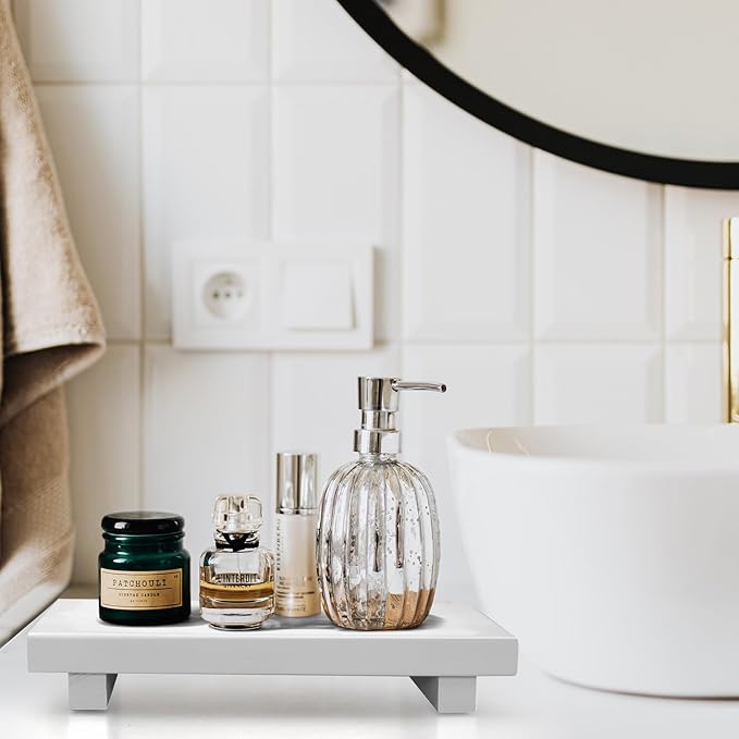 Farmhouse Bathroom Vanity Tray Wooden Kitchen Soap Sink Trays Modern Wood Riser Pedestal Stand Dish Soap Dispenser Holder for Kitchen Counter Decor White Bathroom Organizer Accessories Decorative Tray