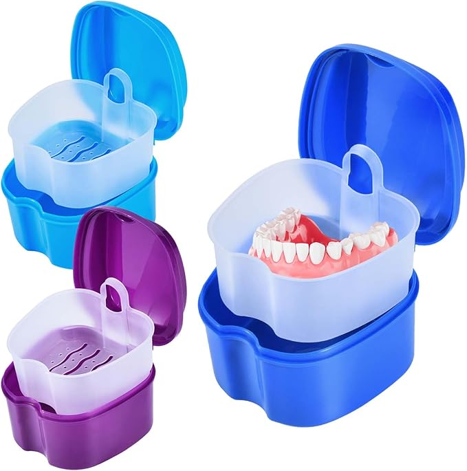 3 Pack Colors Denture Bath Case Cup Box Holder Storage Soak Container with Strainer Basket for Travel Cleaning (Blue, Light Blue, Purple)