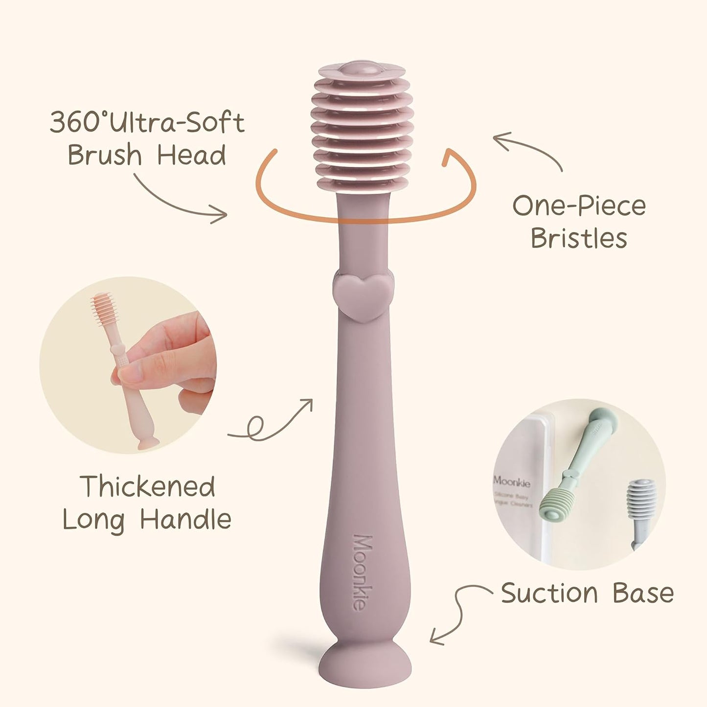 Moonkie Baby Tongue Cleaner, Toddler Toothbrush, Baby Oral Cleaner Newborn Kit for 3 Months+, 2 Pcs (Clay/Ivory)