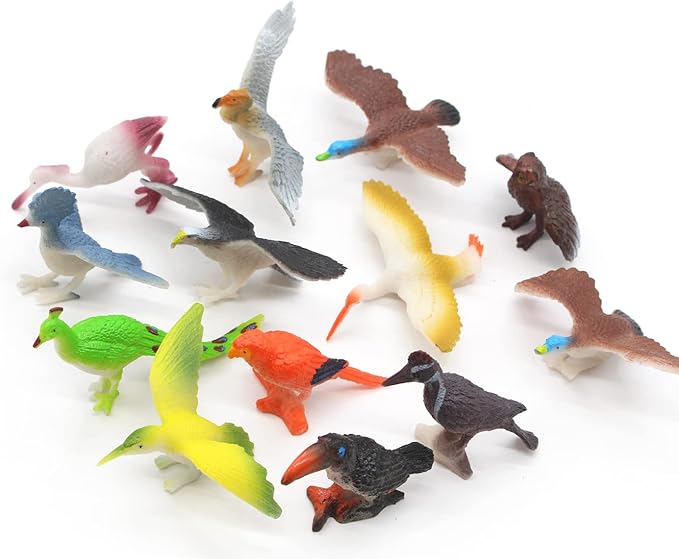 SmilerSmile Animal Assorted Mini Plastic Figures Toy Set, Educational Party Cake Topper, Goody Bag Filler (12pcs Bird)