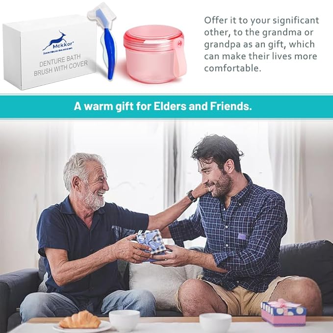 Leak Proof Denture Cups Bath, Dishwasher safe, Denture Case for Soaking Full & Partial Dentures, Retainers, with Hard Denture Cleaner Brush & Denture Brush Cover (Transparent Rouge)