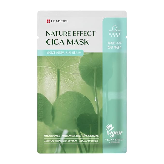 LEADERS Nature Effect Cica Mask – Hydrating & Soothing Face Mask with Cica & Tea Tree Extracts for Healthy Skin, Skin Calming & Moisturizing, Vegan & Plant-Derived, Sebum Control - 10 Sheets