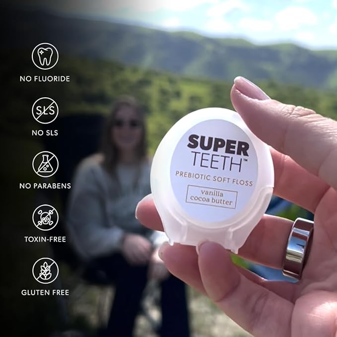 SuperTeeth Prebiotic Soft Floss with Hydroxyapatite | Expanding Dental Floss | for Adults and Kids | Oral Health | Plaque Removal | Xylitol | Vanilla Cocoa Butter | Teflon-Free